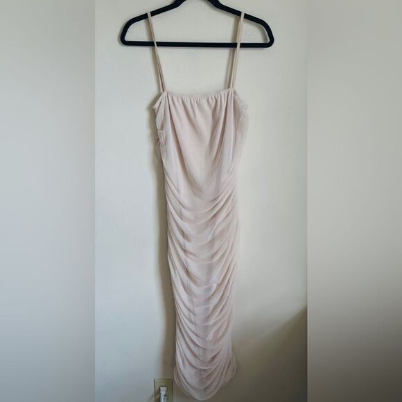 PRETTYLITTLETHING Nude Strappy Mesh Ruched Midaxi Dress Size 10 - Picture 5 of 8